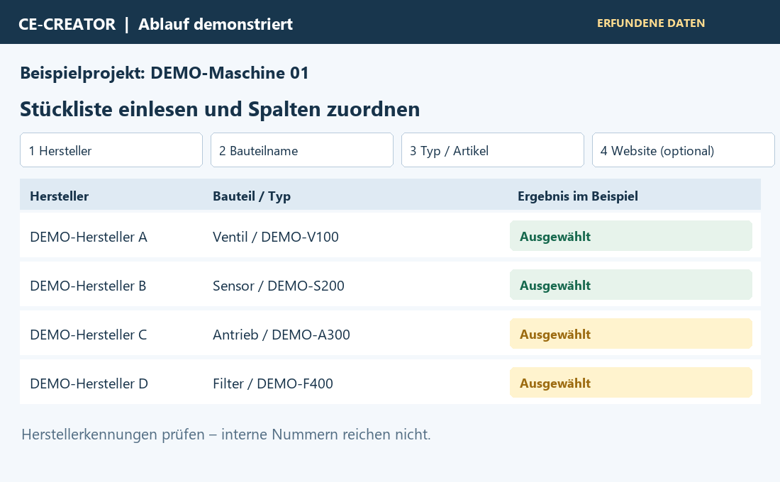 Erfundene Beispielstückliste mit vier Bauteilen von DEMO-Hersteller A bis D